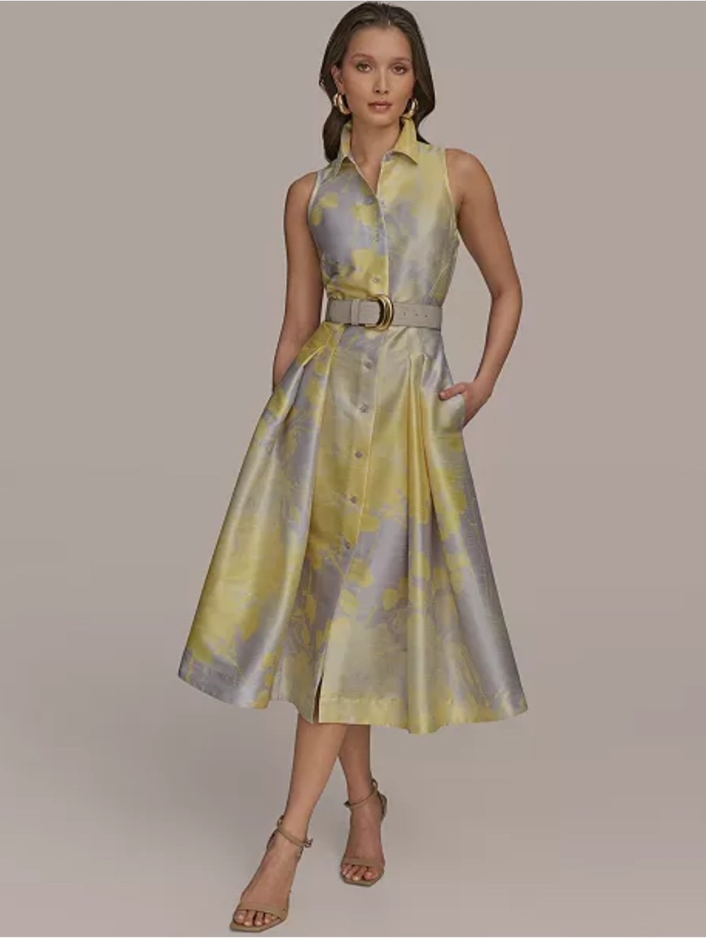 Donna Karan NWT Yellow and Light Gray Sleeveless Midi Shirt Dress - Picture 4 of 7